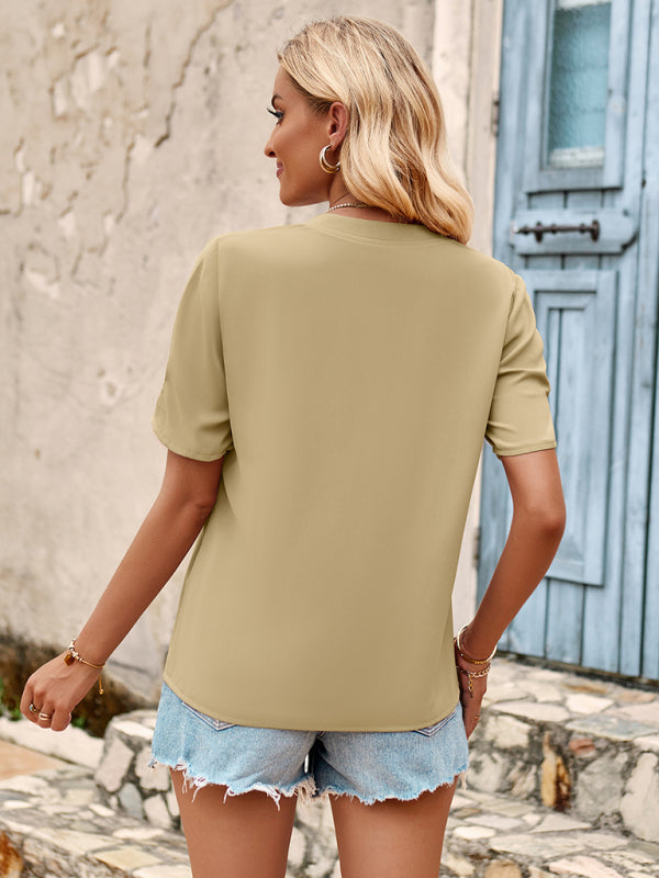 V-neck fashion solid color fresh loose short-sleeved top