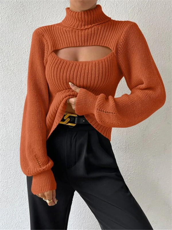 Sexy loose versatile sweater turtleneck hollow sweater outer top