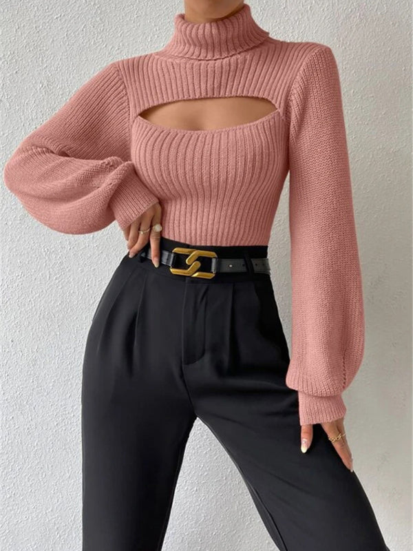 Sexy loose versatile sweater turtleneck hollow sweater outer top
