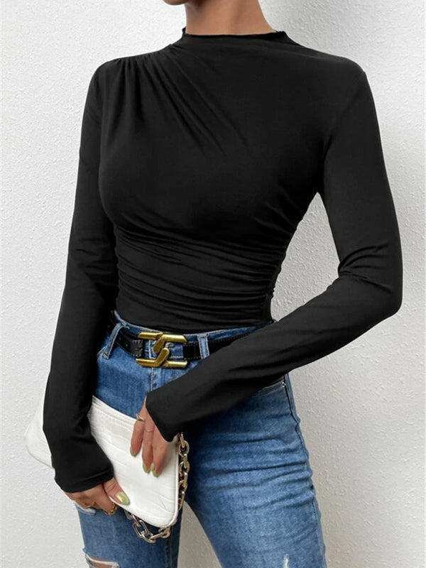 Solid color slim fit versatile ruffled design long-sleeved T-shirt women's top