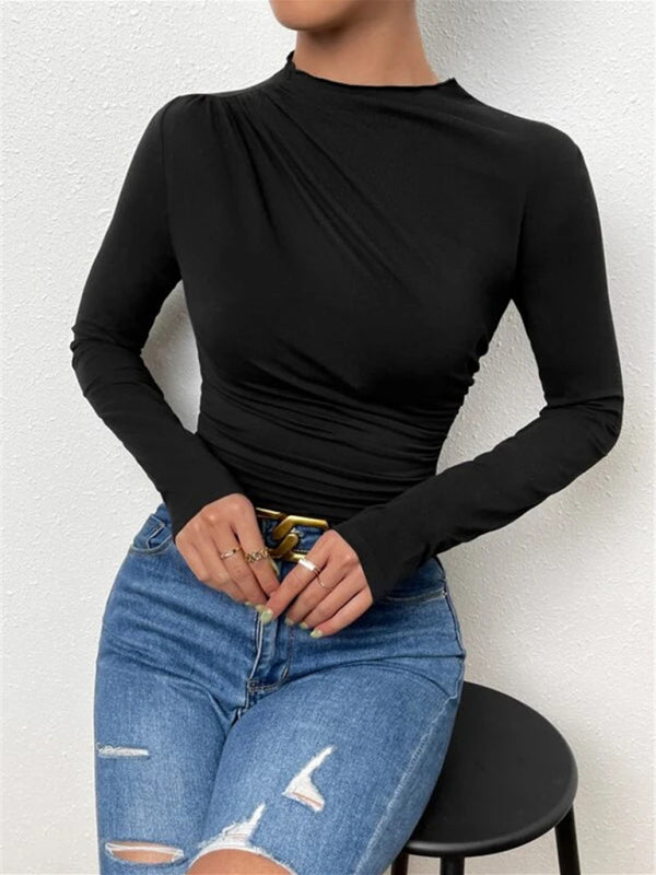 Solid color slim fit versatile ruffled design long-sleeved T-shirt women's top