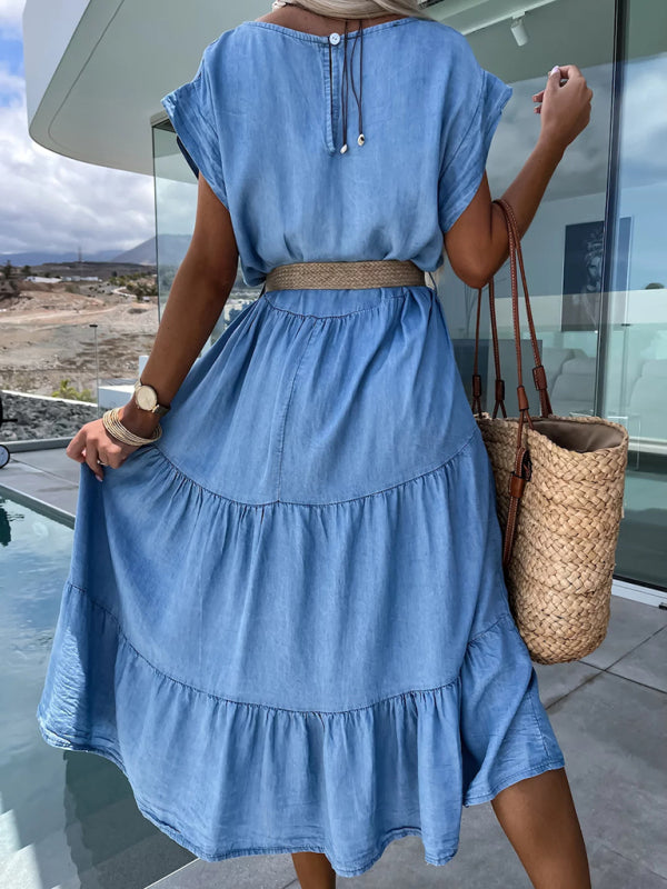 New fashionable waisted simple round neck solid color dress without belt