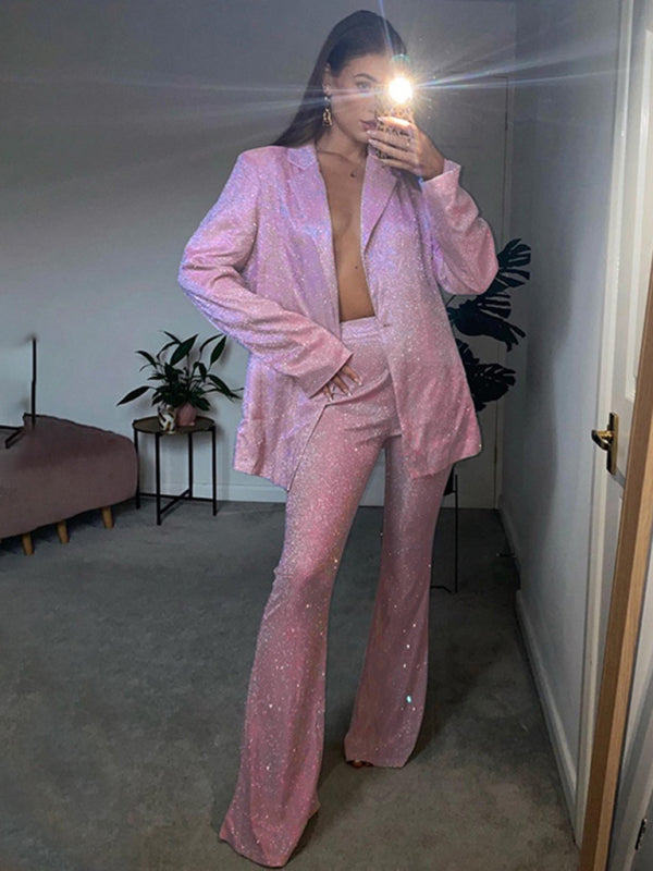 New camisole, slim straight high-waisted pants, sexy sequined jacket suit set (three-piece set)