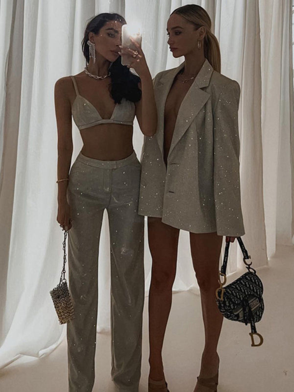 New camisole, slim straight high-waisted pants, sexy sequined jacket suit set (three-piece set)
