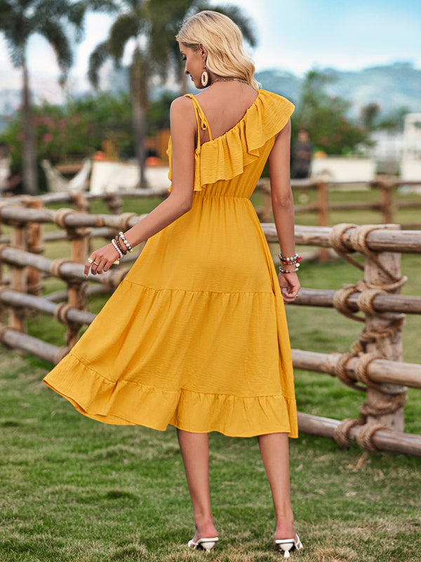 Women's one-shoulder solid color ruffled waist dress