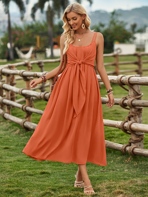 Women's ranch style solid color suspender tied waist dress