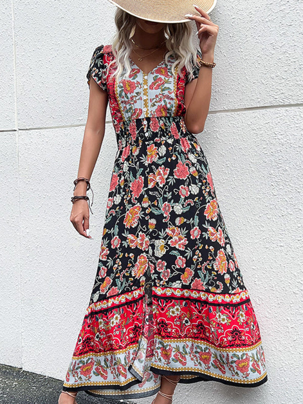 Women's new v-neck ethnic style printed slit dress