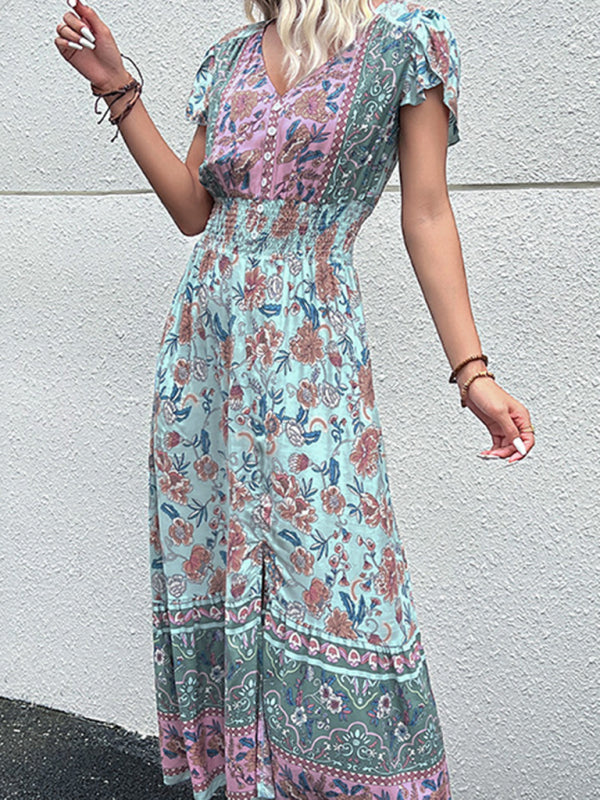 Women's new v-neck ethnic style printed slit dress