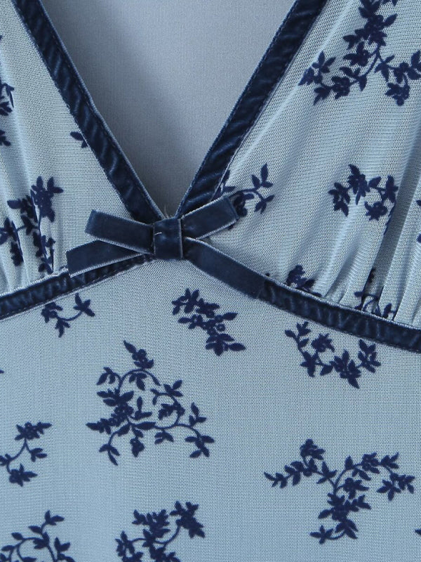 Women's new mesh printed V-neck sexy dress