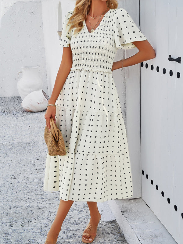 Women's casual solid color V-neck polka dot short-sleeved dress