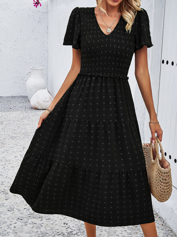 Women's casual solid color V-neck polka dot short-sleeved dress