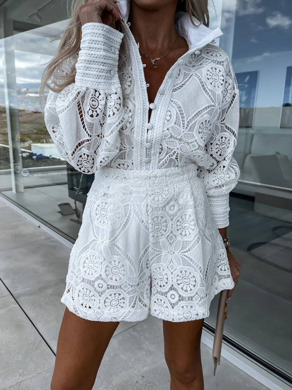 New women's clothing solid color single breasted stand collar lace shorts suit