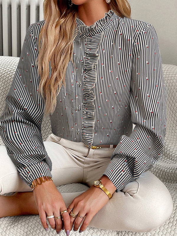Women's elegant commuter striped long-sleeved blouse