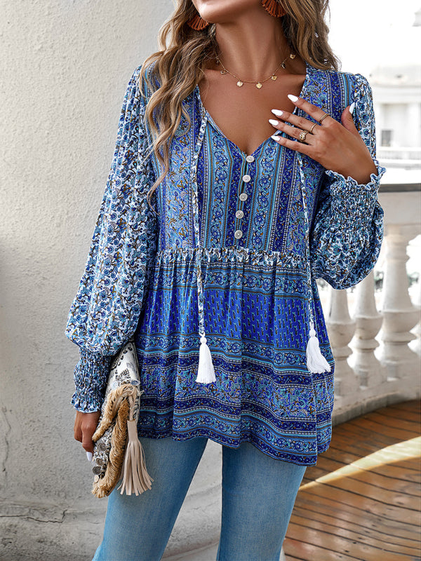 Women's positioning printed button bohemian top