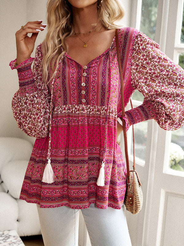 Women's positioning printed button bohemian top