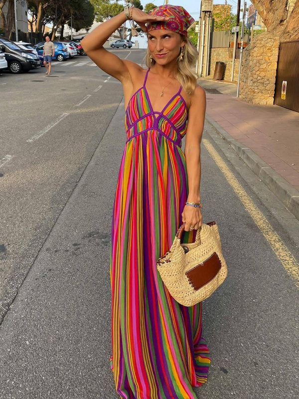 Women's rainbow striped V-neck sleeveless beach dress