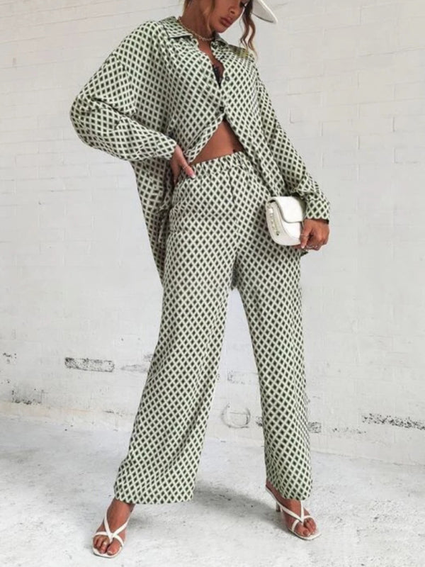 Women's printed long-sleeved off-shoulder shirt and trousers 2-piece suit