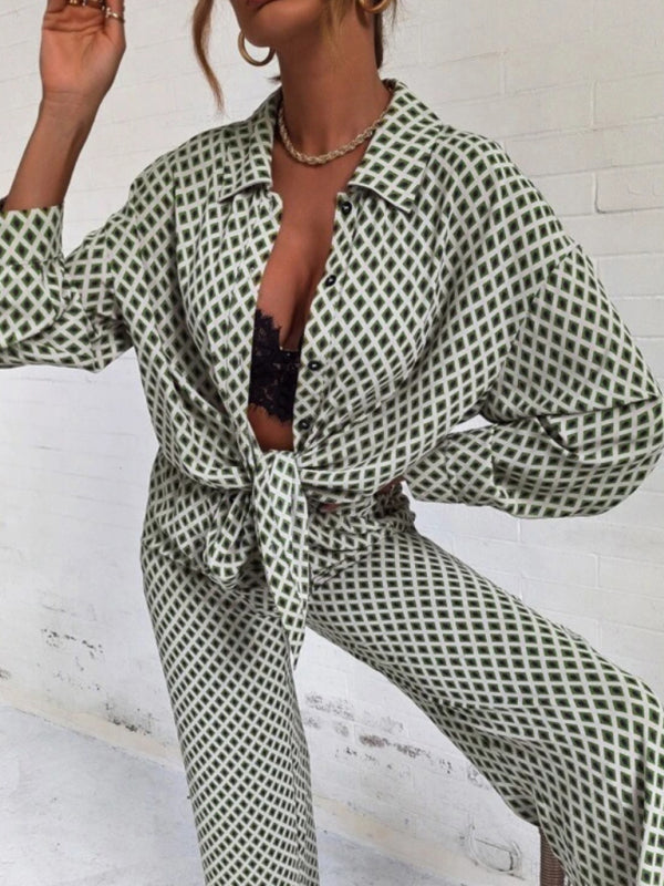 Women's printed long-sleeved off-shoulder shirt and trousers 2-piece suit