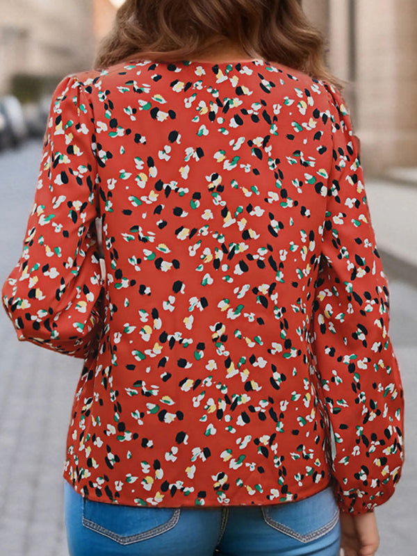 Women's new color block printed long-sleeved V-neck shirt