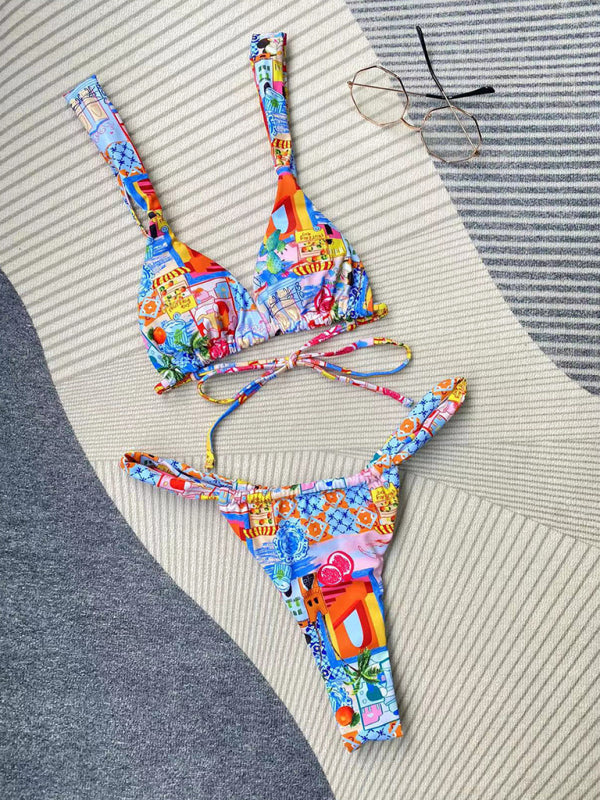 Women's fashion new printed strappy split bikini