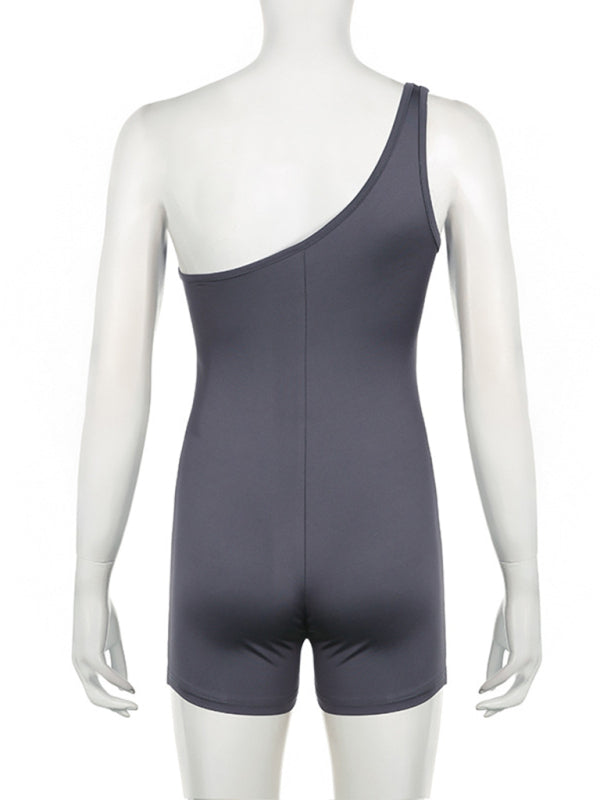 Women's Solid Color One Shoulder Asymmetrical Twist Bandeau Sports Jumpsuit