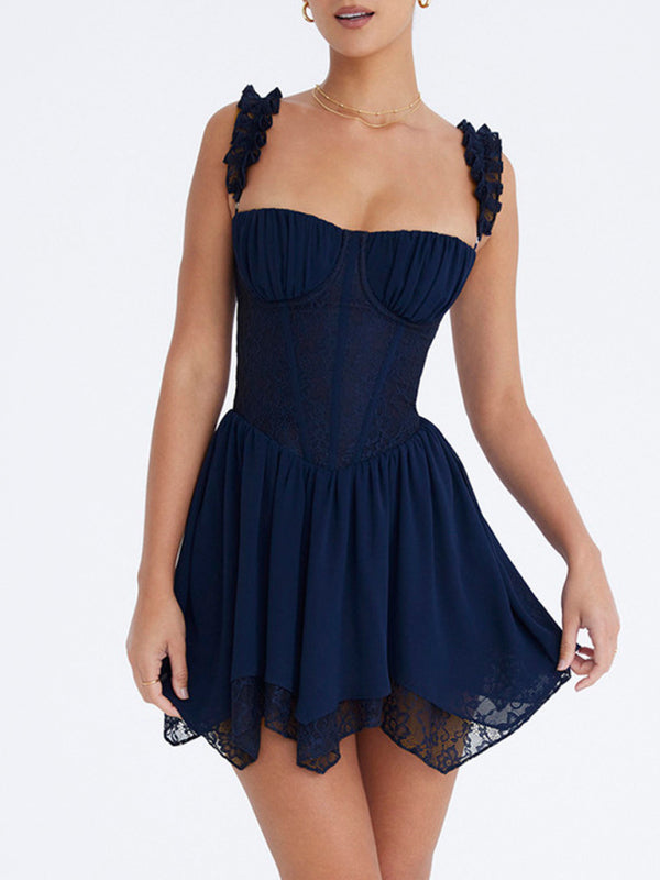 Women's Sexy Lace Spliced Irregular Suspender Sleeveless Dress