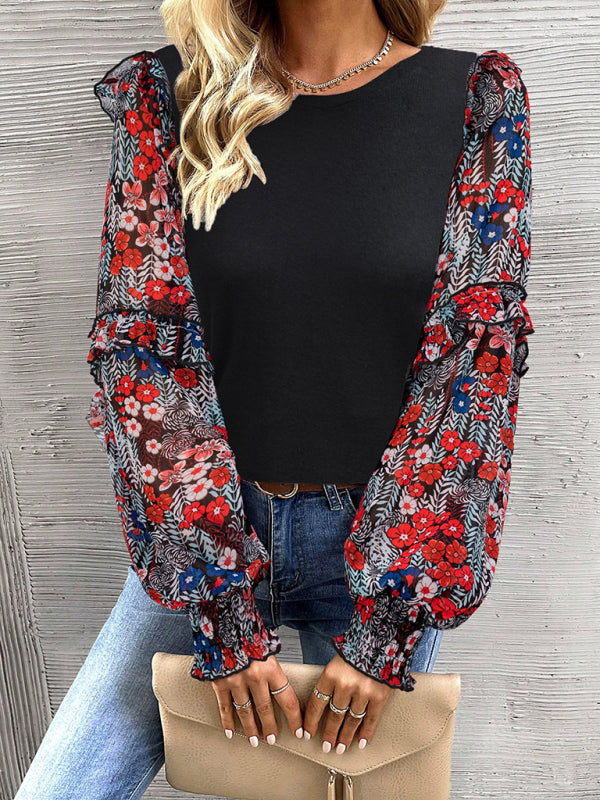 Women's printed sleeve patchwork crew neck shirt