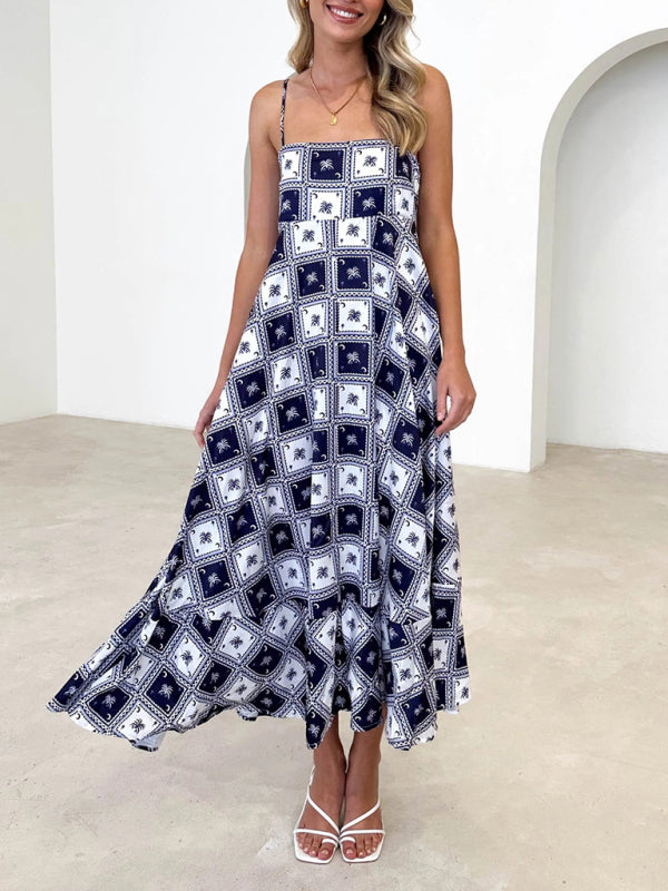 Women's fashion new style small fresh printed suspender dress