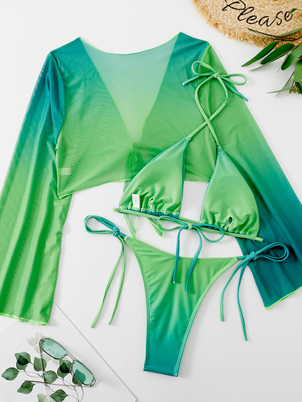 New women's three-piece bikini mesh shawl split swimsuit high waist bikini