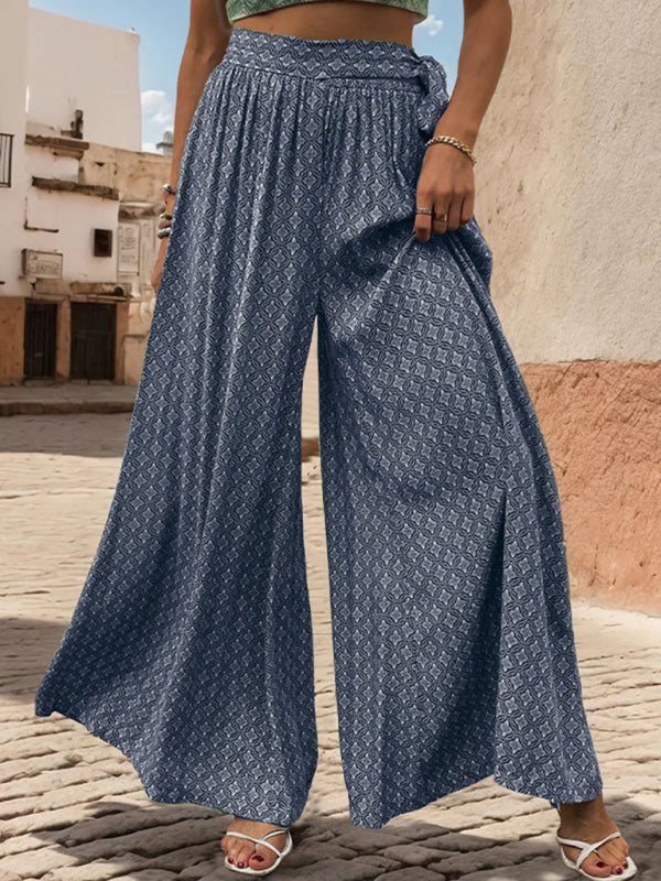 New women's lace-up high-waisted casual printed wide-leg trousers