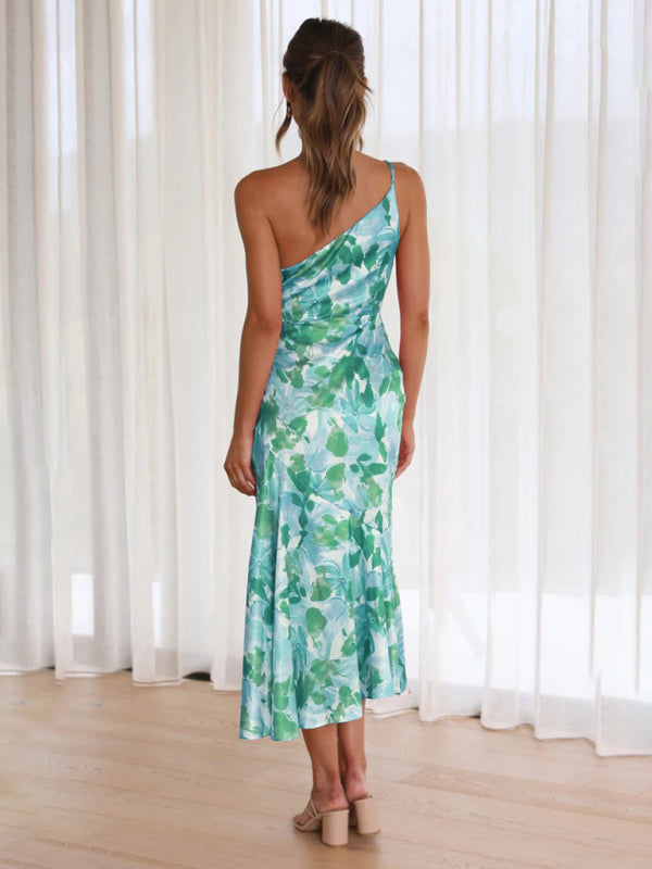Women's new fashionable temperament slant neck suspender fishtail print dress