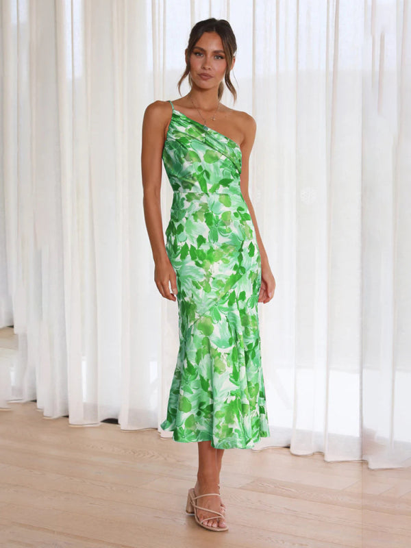 Women's new fashionable temperament slant neck suspender fishtail print dress