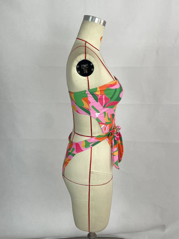 Women's sexy printed belted one-piece bikini