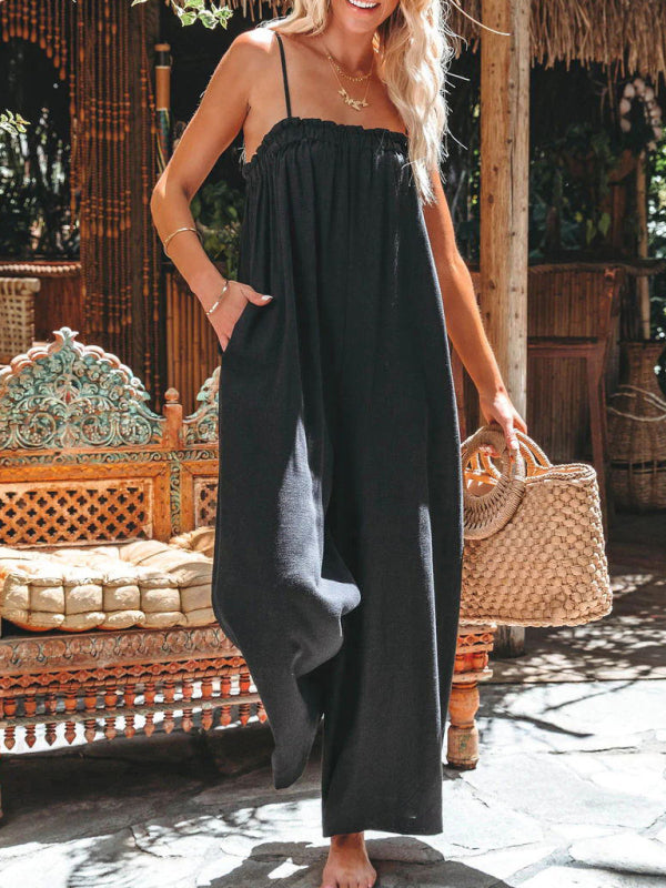New loose high-waisted wide-leg fashion suspender jumpsuit