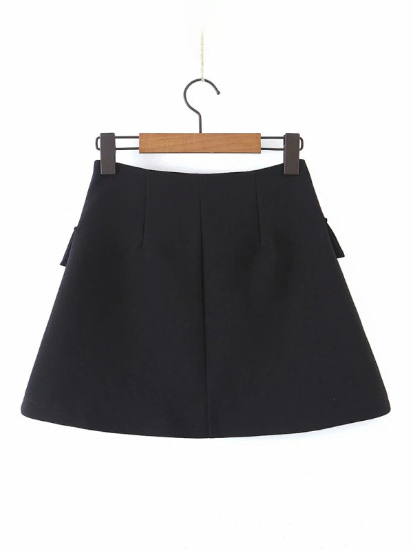 New fashionable casual diagonal button short blazer + high waist pocket skirt suit