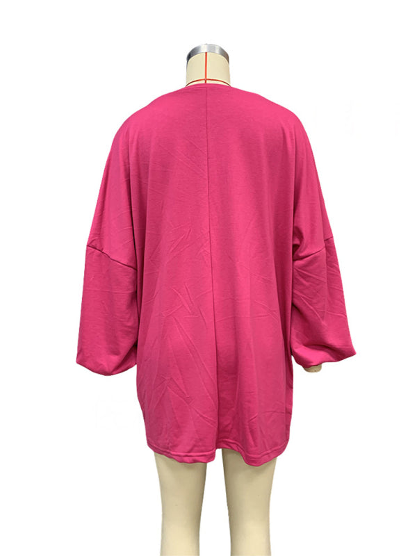 Women's Fashion Casual Solid Color Loose Long Sleeve Round Neck Long Sweatshirt