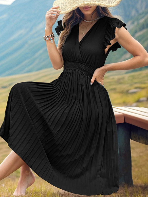 New style simple temperament V-neck high-waisted pleated dress