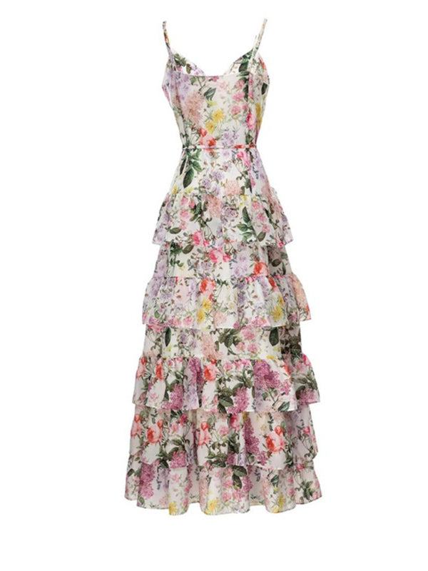 New elegant single-breasted suspender fashion printed ruffled dress with full skirt