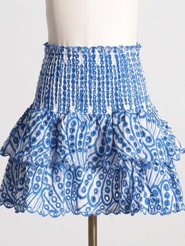 New French-style ear-hemmed short top, high-waisted cake layer skirt, sexy two-piece suit