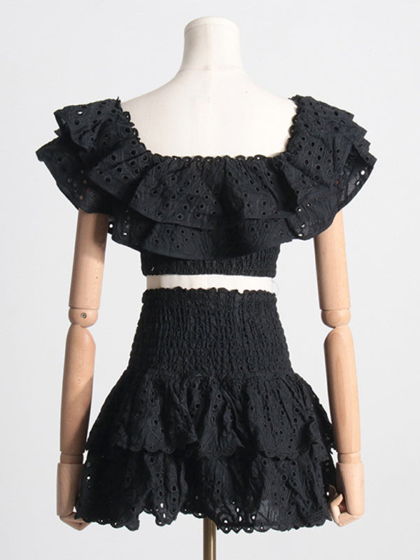 New French-style ear-hemmed short top, high-waisted cake layer skirt, sexy two-piece suit