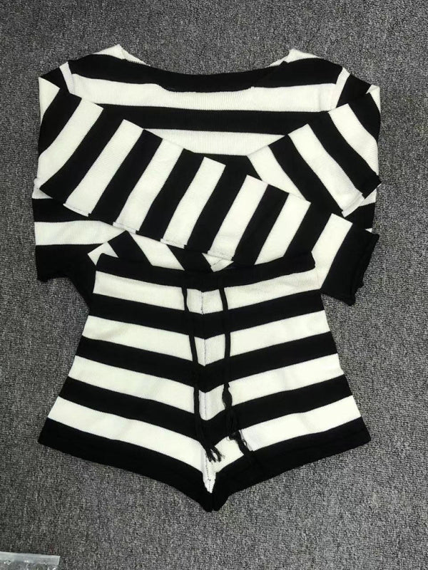Women's resort casual striped knitted midriff-baring sexy shorts set