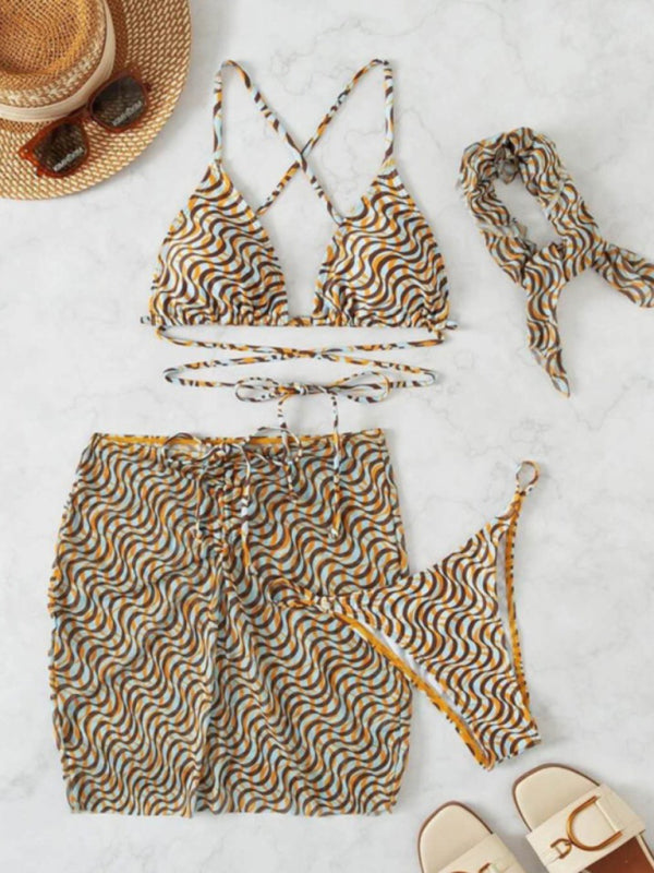New sexy wave pattern printed beach swimsuit bikini three-piece set