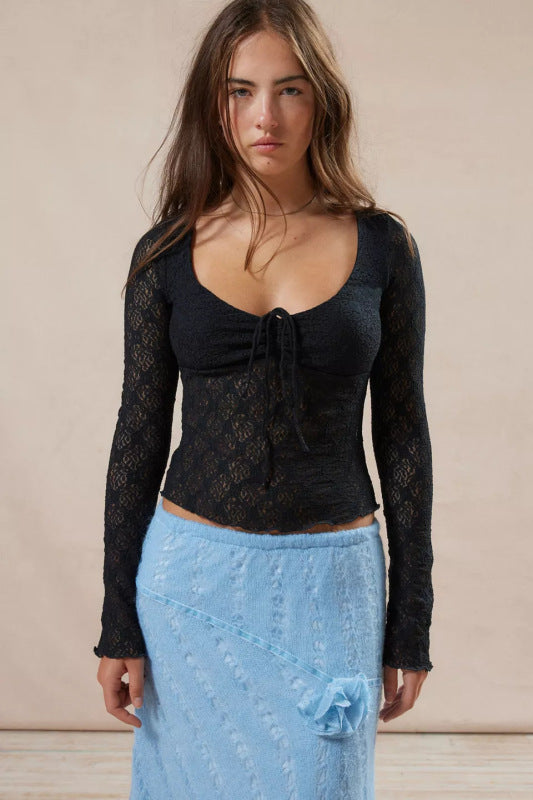 Sexy slim fit lace drawstring long sleeve bottoming shirt