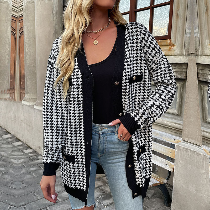 Women's Fashion Coat Long Sleeve Houndstooth Sweater Cardigan Mid Length