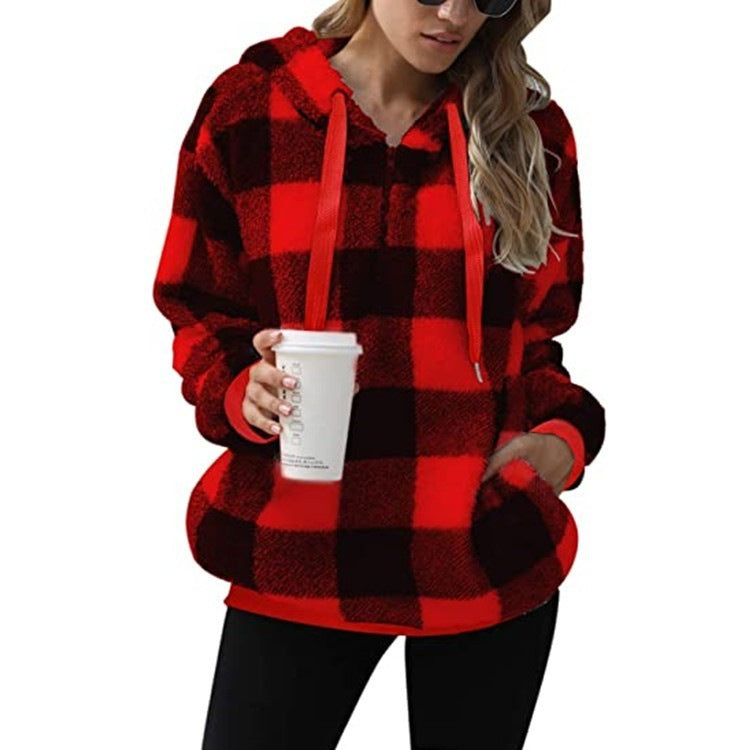 Long sleeve hooded plaid plush women's sweatshirt