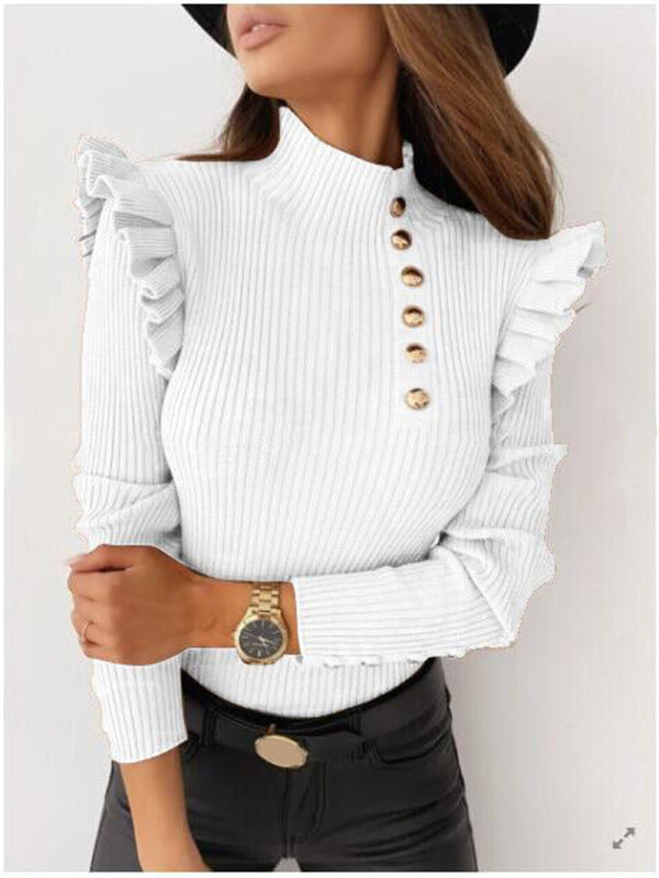 Women's Ruffled Long Sleeve Button Bottoming Knitted Top