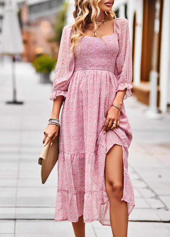 Bohemian Dress Feminine Square Neck Three Quarter Sleeve Maxi Dress