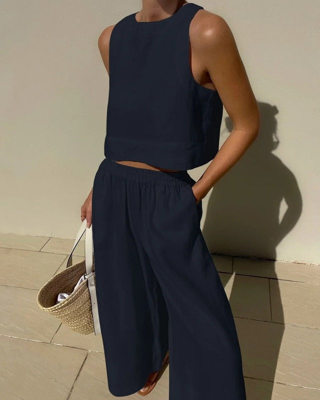 New casual loose solid color sleeveless shirt trousers two-piece set