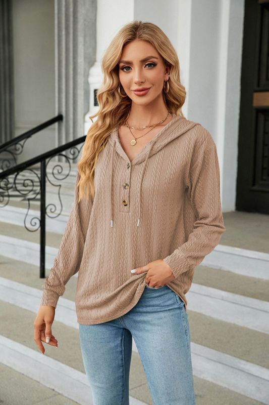 Women's Hooded Button Loose Long Sleeve Sweatshirt