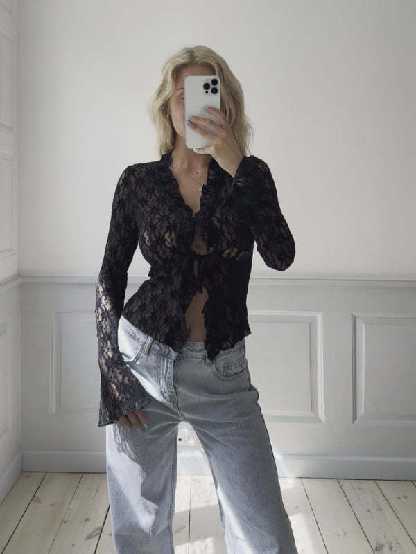 New women's fashionable slim solid color mesh hollow see-through lace long-sleeved cardigan